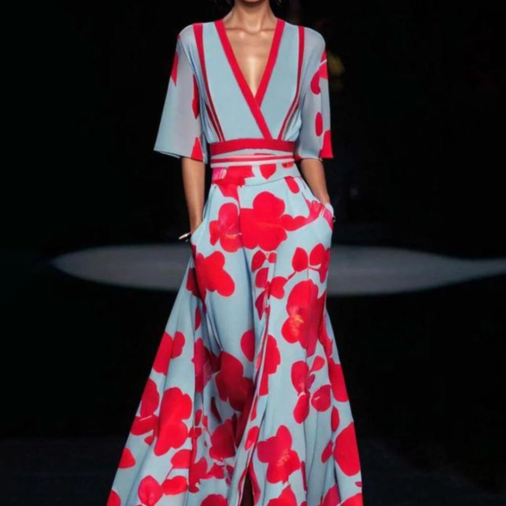 Short Sleeve Blue and Red Floral Maxi Dress